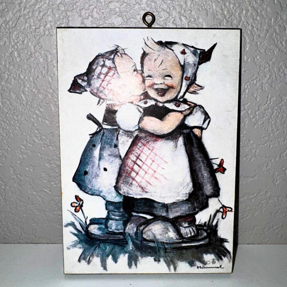 Vintage Hummel Style Wall Plaque | Children Art | Small Wooden Hanging Decor